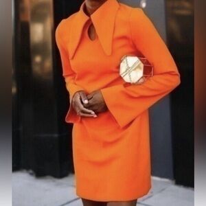 Zara Orange Long-Sleeve Shift Dress with Statement Collar